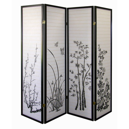 70" Black And White Heavy Duty Rice Paper Folding Four Panel Screen Room Divider