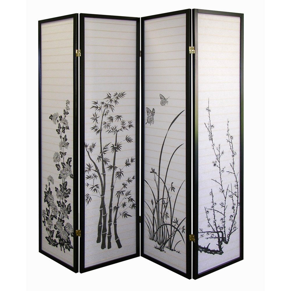 70" Black And White Heavy Duty Rice Paper Folding Four Panel Screen Room Divider
