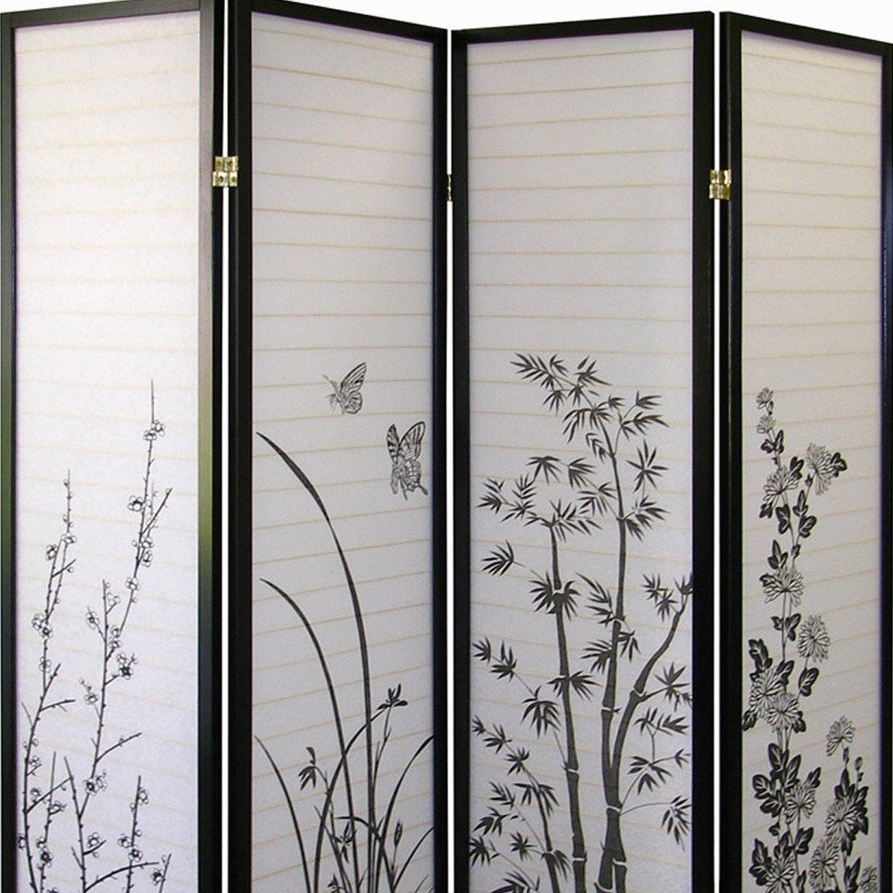70" Black And White Heavy Duty Rice Paper Folding Four Panel Screen Room Divider