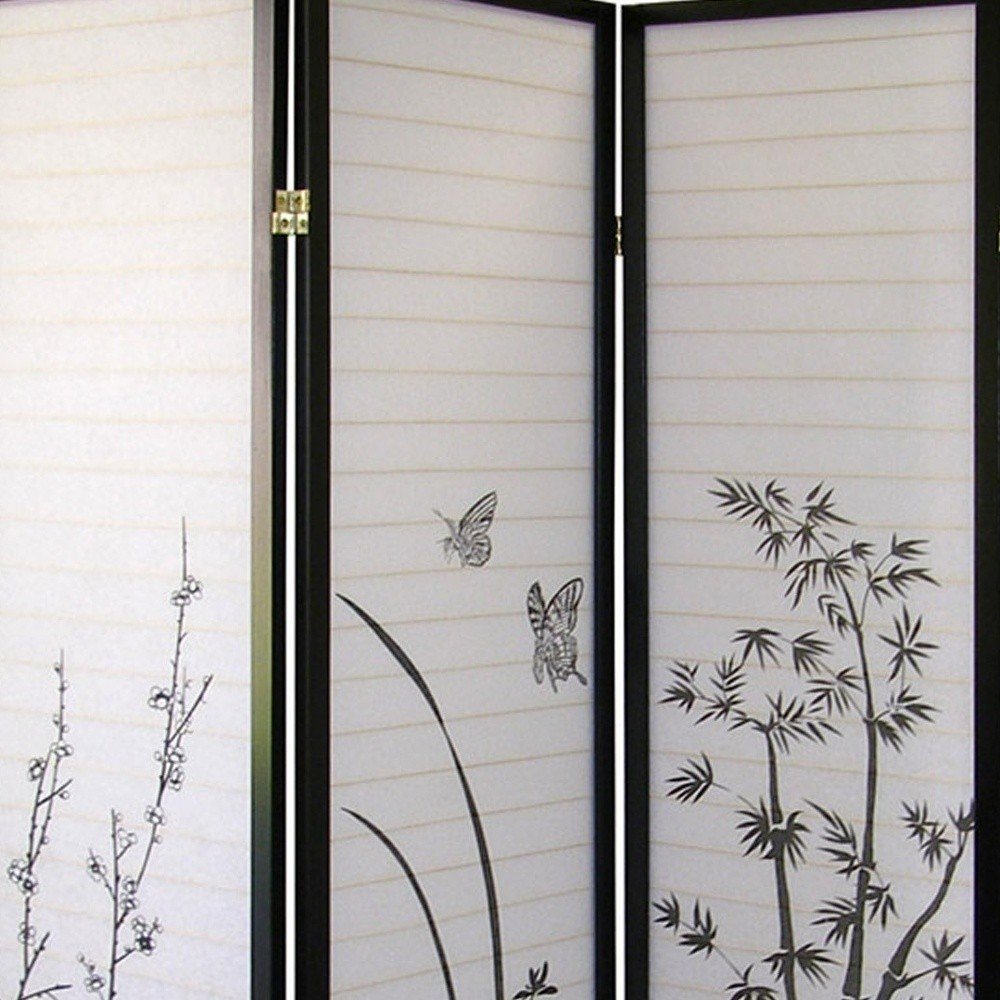 70" Black And White Heavy Duty Rice Paper Folding Four Panel Screen Room Divider
