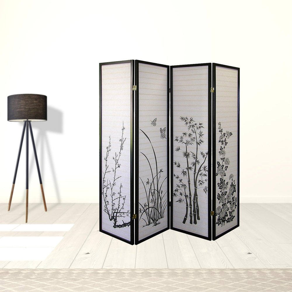 70" Black And White Heavy Duty Rice Paper Folding Four Panel Screen Room Divider
