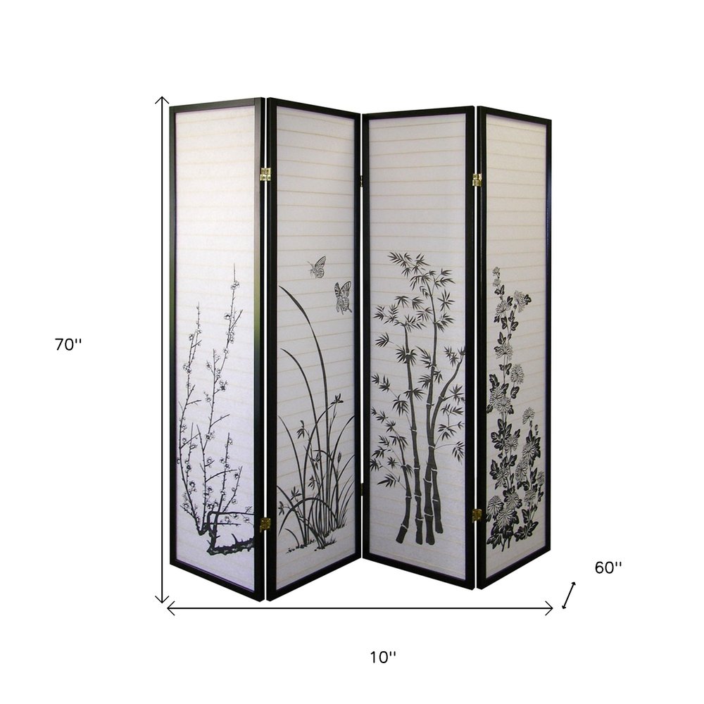 70" Black And White Heavy Duty Rice Paper Folding Four Panel Screen Room Divider