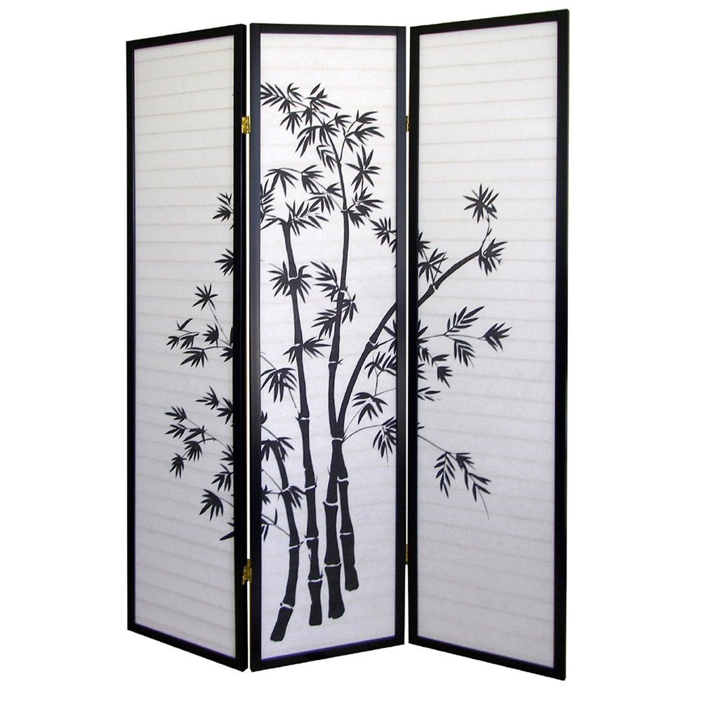 70" Black And White Heavy Duty Rice Paper Folding Three Panel Screen Room Divider