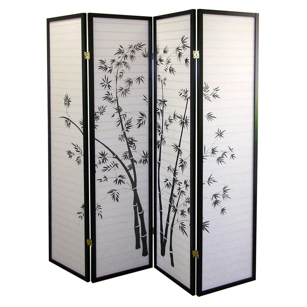 70" Black And White Heavy Duty Rice Paper Folding Four Panel Screen Room Divider