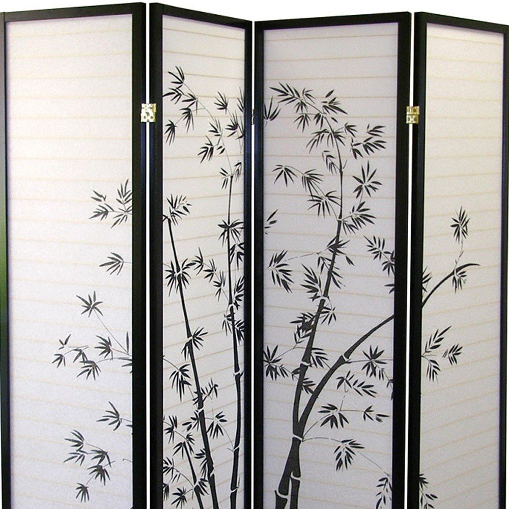 70" Black And White Heavy Duty Rice Paper Folding Four Panel Screen Room Divider