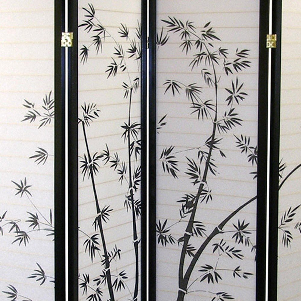 70" Black And White Heavy Duty Rice Paper Folding Four Panel Screen Room Divider
