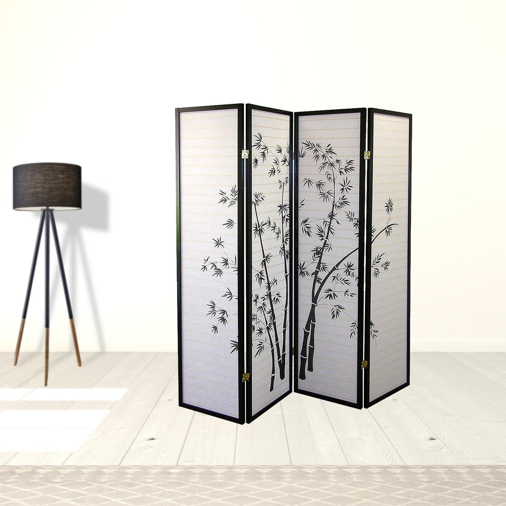70" Black And White Heavy Duty Rice Paper Folding Four Panel Screen Room Divider