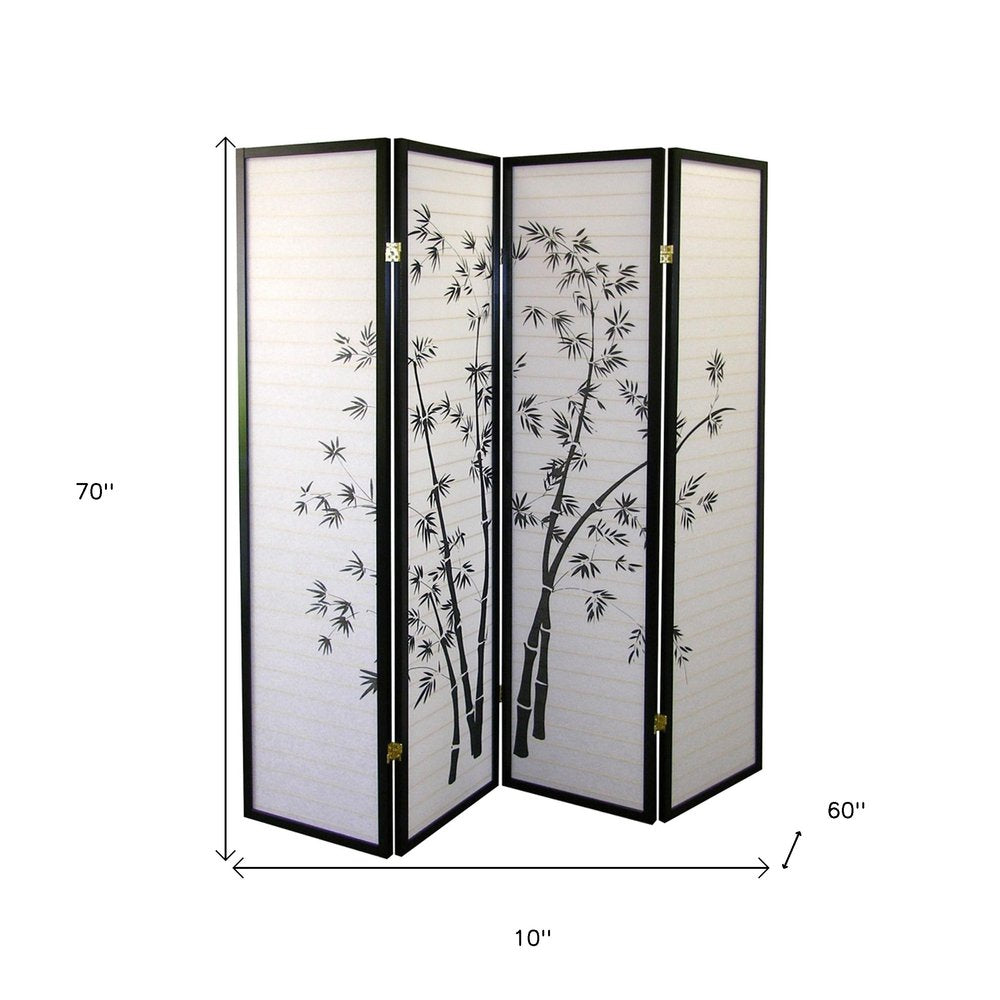 70" Black And White Heavy Duty Rice Paper Folding Four Panel Screen Room Divider