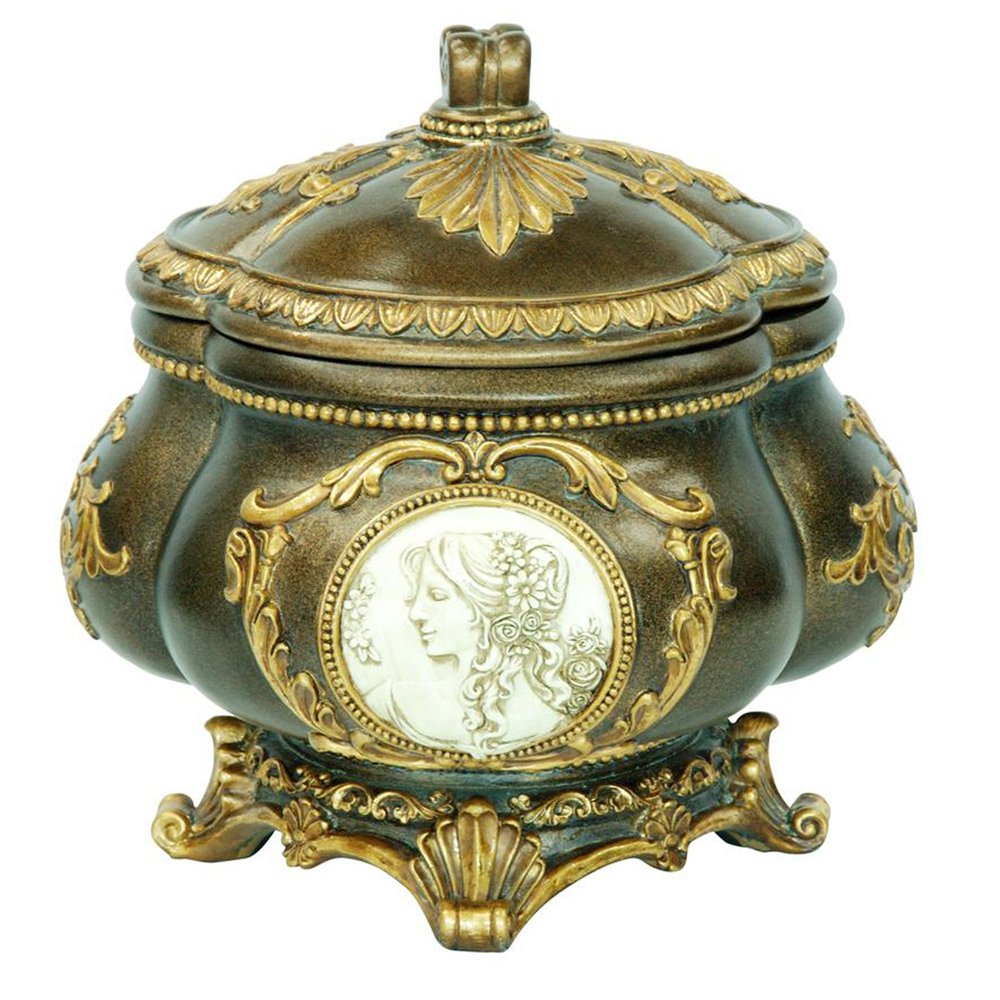 9" Bronze Gold And White Resin Floral Scroll Jewelry Box With Lacquer and High-Gloss Finishes