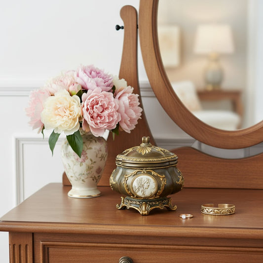 9" Bronze Gold And White Resin Floral Scroll Jewelry Box With Lacquer and High-Gloss Finishes