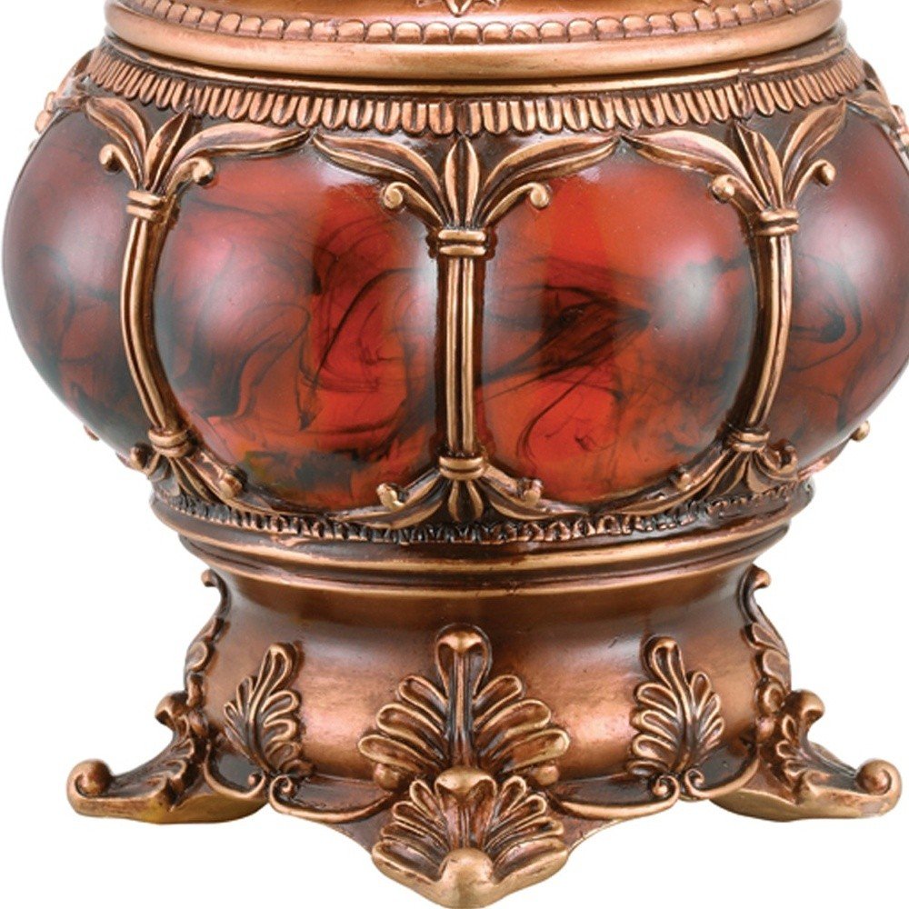 9" Brown Red And Bronze Resin Marbleized Jewelry Box With Gemstones and Crystals