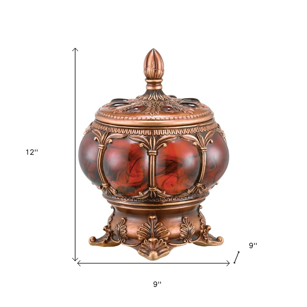 9" Brown Red And Bronze Resin Marbleized Jewelry Box With Gemstones and Crystals
