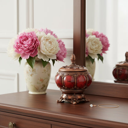 9" Brown Red And Bronze Resin Marbleized Jewelry Box With Gemstones and Crystals