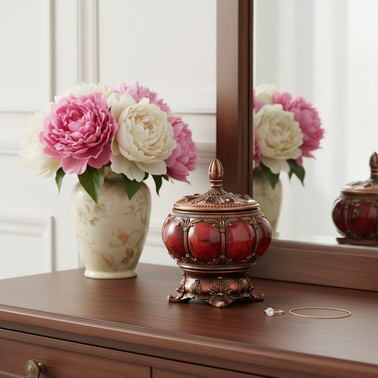 9" Brown Red And Bronze Resin Marbleized Jewelry Box With Gemstones and Crystals