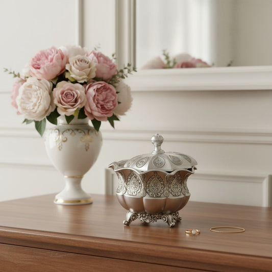 9" Gold And Silver Resin Abstract Scroll Jewelry Box With Lacquer and High-Gloss Finishes