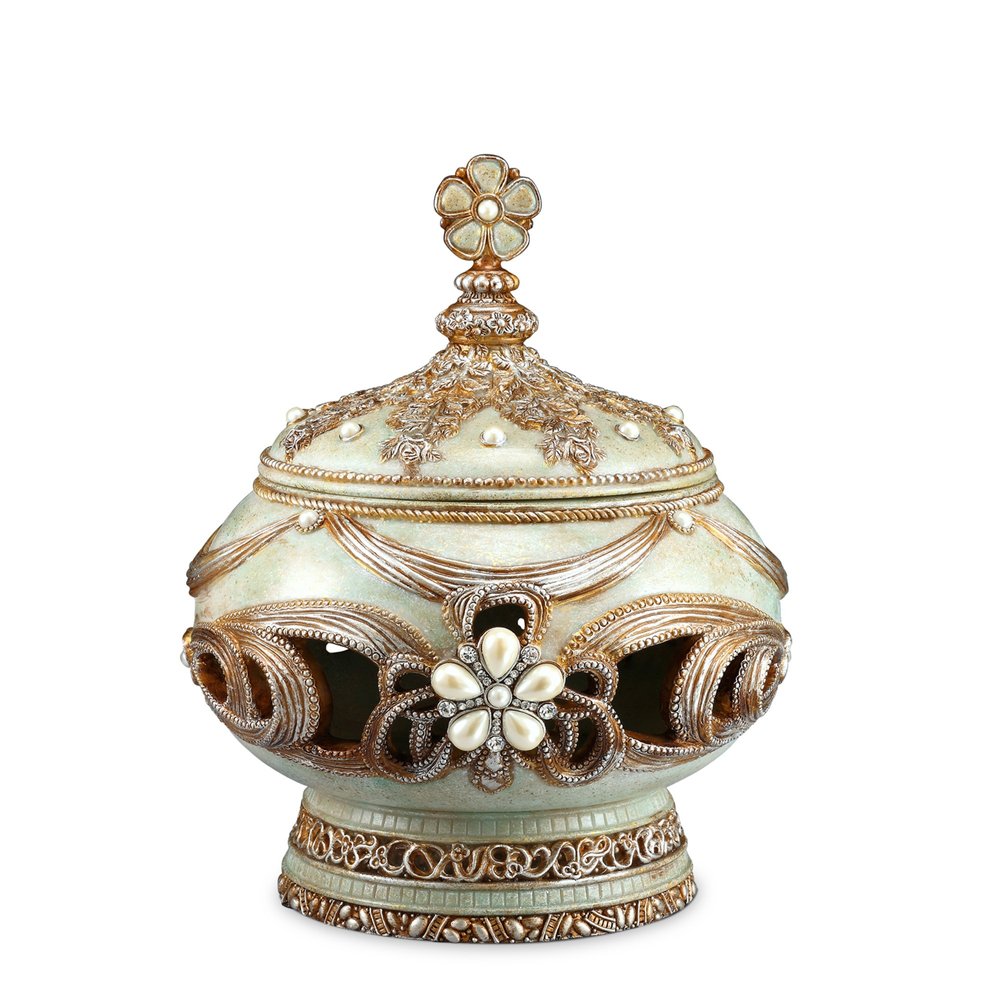 9" Bronze Gold And Light Green Resin Floral Scroll Jewelry Box With Gemstones and Crystals