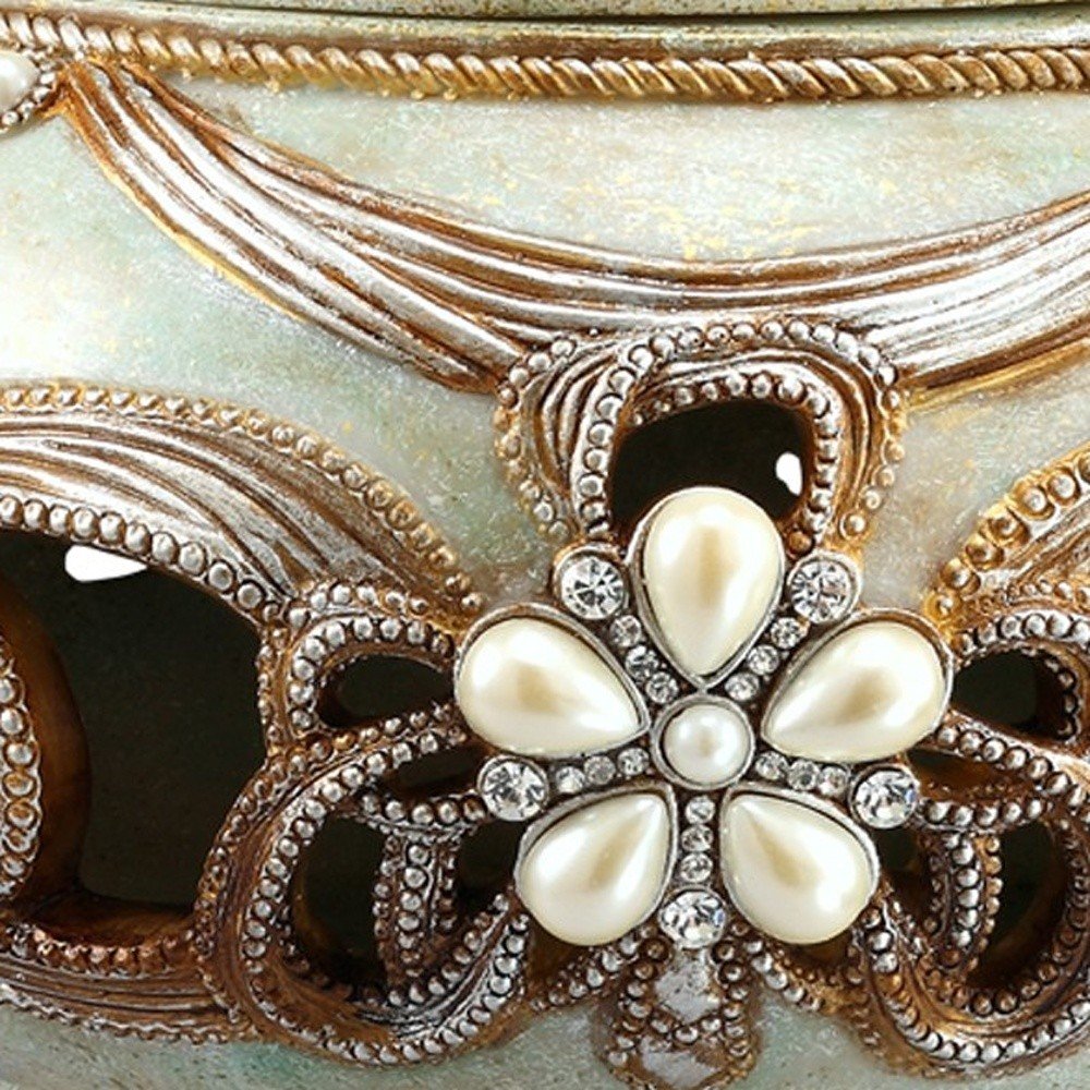 9" Bronze Gold And Light Green Resin Floral Scroll Jewelry Box With Gemstones and Crystals