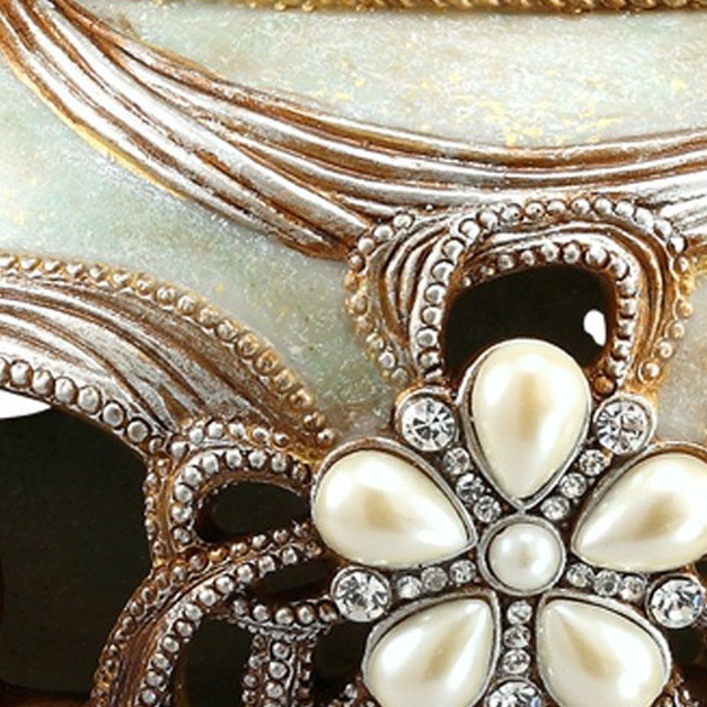 9" Bronze Gold And Light Green Resin Floral Scroll Jewelry Box With Gemstones and Crystals