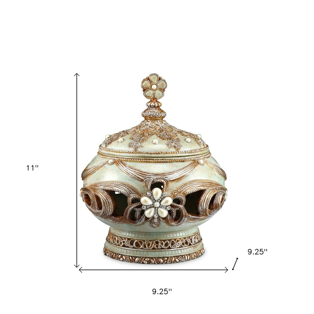 9" Bronze Gold And Light Green Resin Floral Scroll Jewelry Box With Gemstones and Crystals