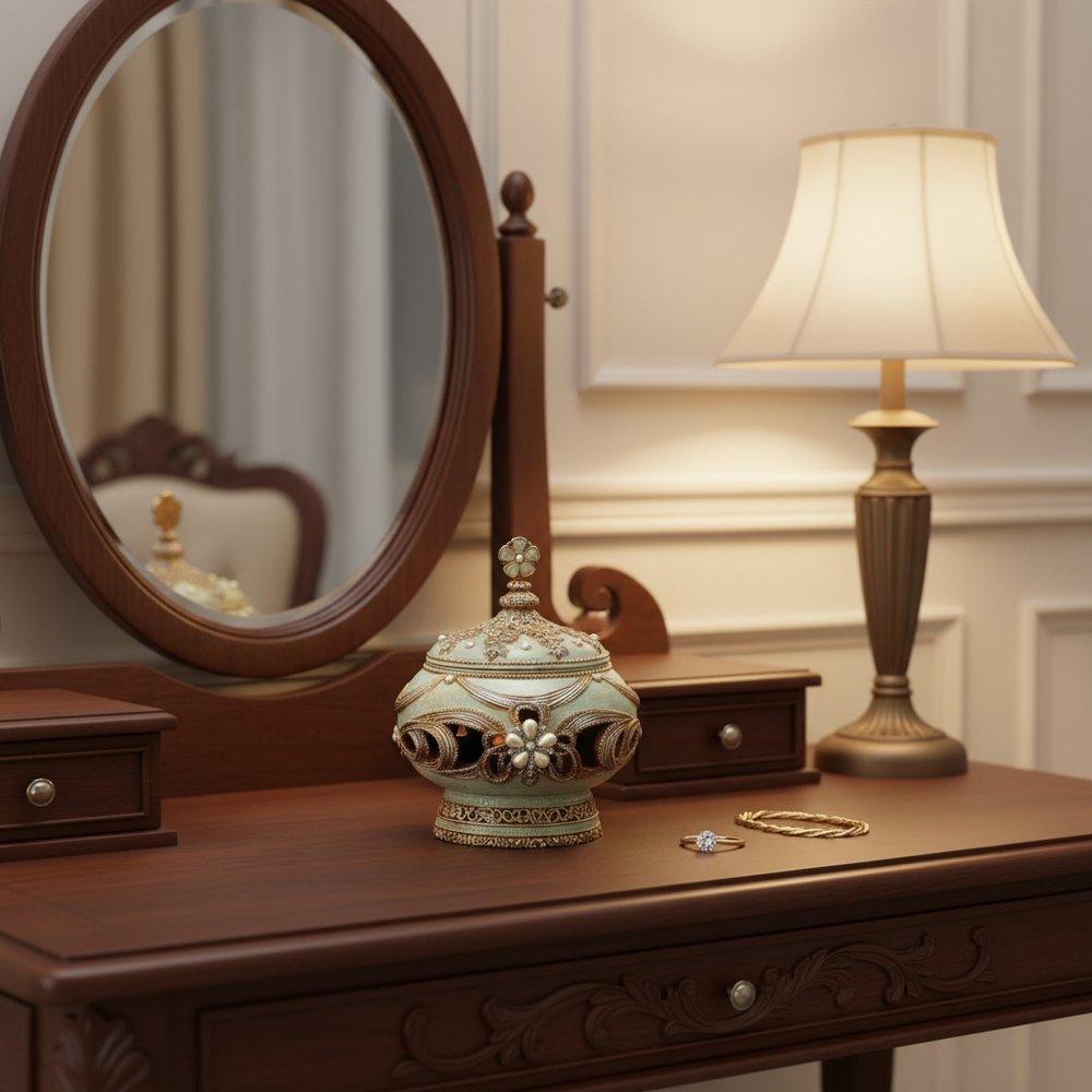 9" Bronze Gold And Light Green Resin Floral Scroll Jewelry Box With Gemstones and Crystals