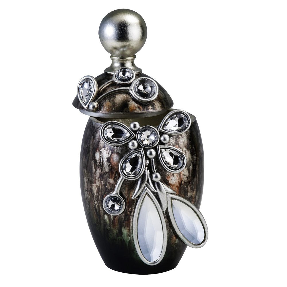 6" Brown Gold And Silver Resin Floral Scroll Jewelry Box With Gemstones and Crystals