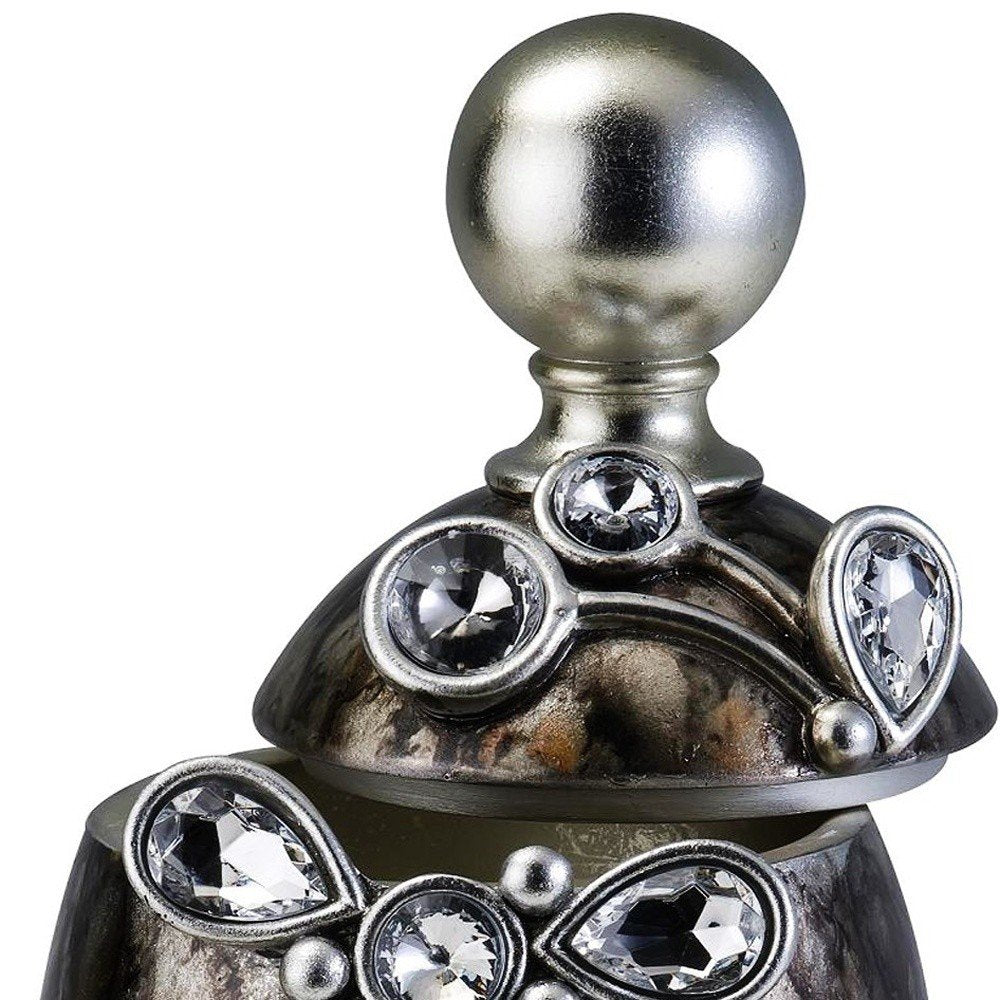 6" Brown Gold And Silver Resin Floral Scroll Jewelry Box With Gemstones and Crystals