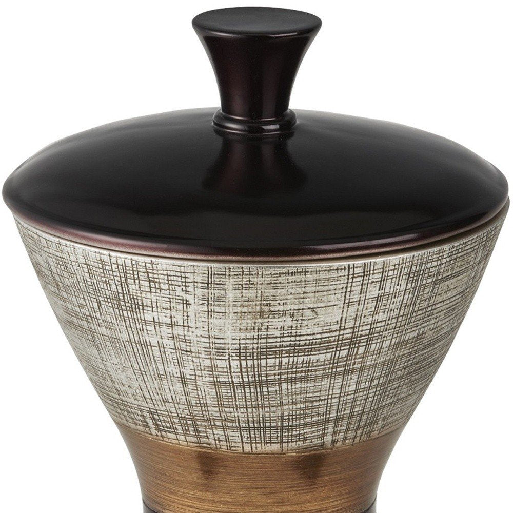 7" Espresso Gold And Silver Resin Striped Jewelry Box With Hand-Painted Designs