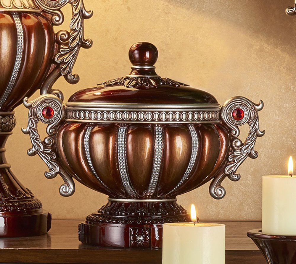 13" Bronze Red And Silver Resin Floral Scroll Jewelry Box With Metal Accents