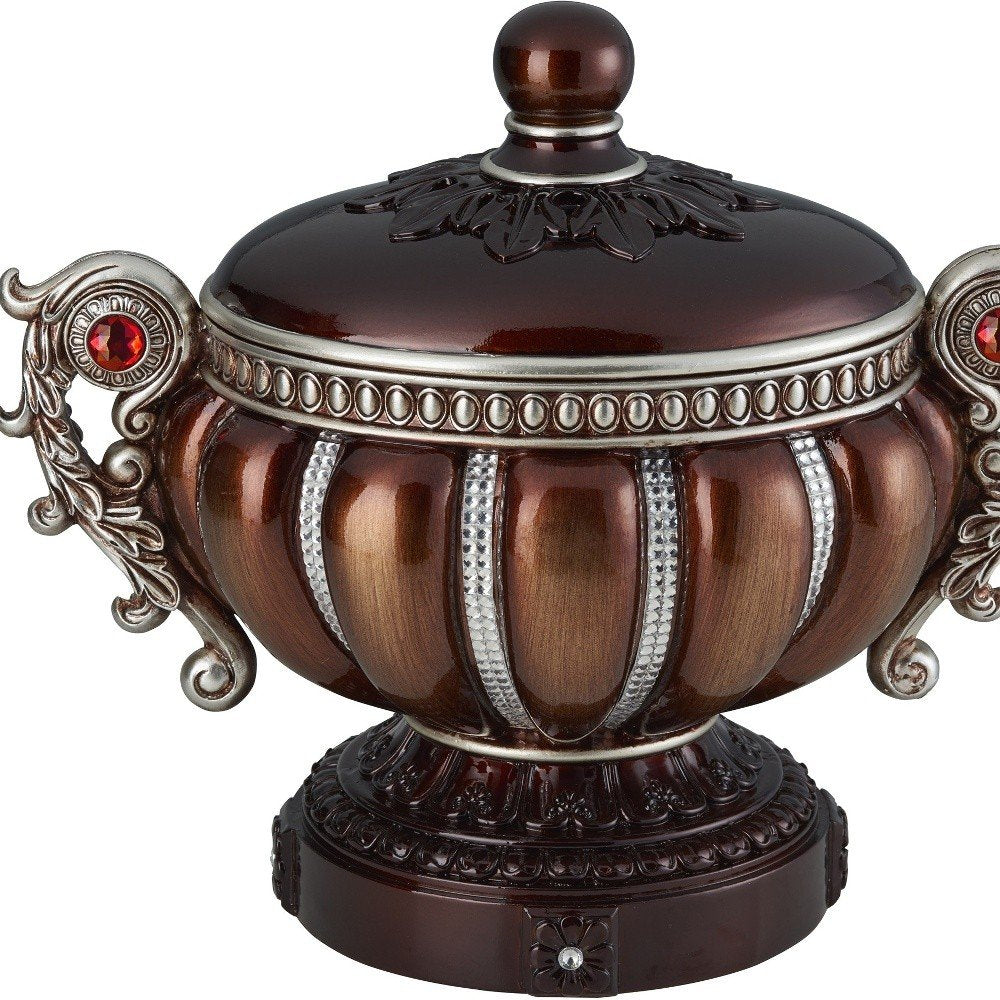 13" Bronze Red And Silver Resin Floral Scroll Jewelry Box With Metal Accents