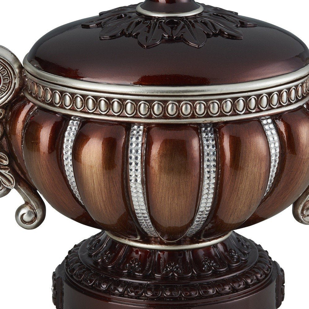 13" Bronze Red And Silver Resin Floral Scroll Jewelry Box With Metal Accents