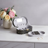 10" Black And Gold Faux Leather Abstract Scroll Jewelry Box Travel Case With Mirror