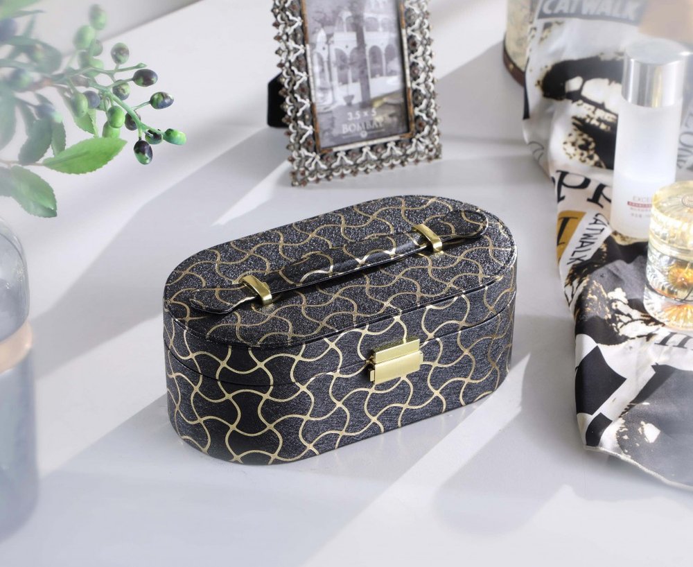 10" Black And Gold Faux Leather Abstract Scroll Jewelry Box Travel Case With Mirror