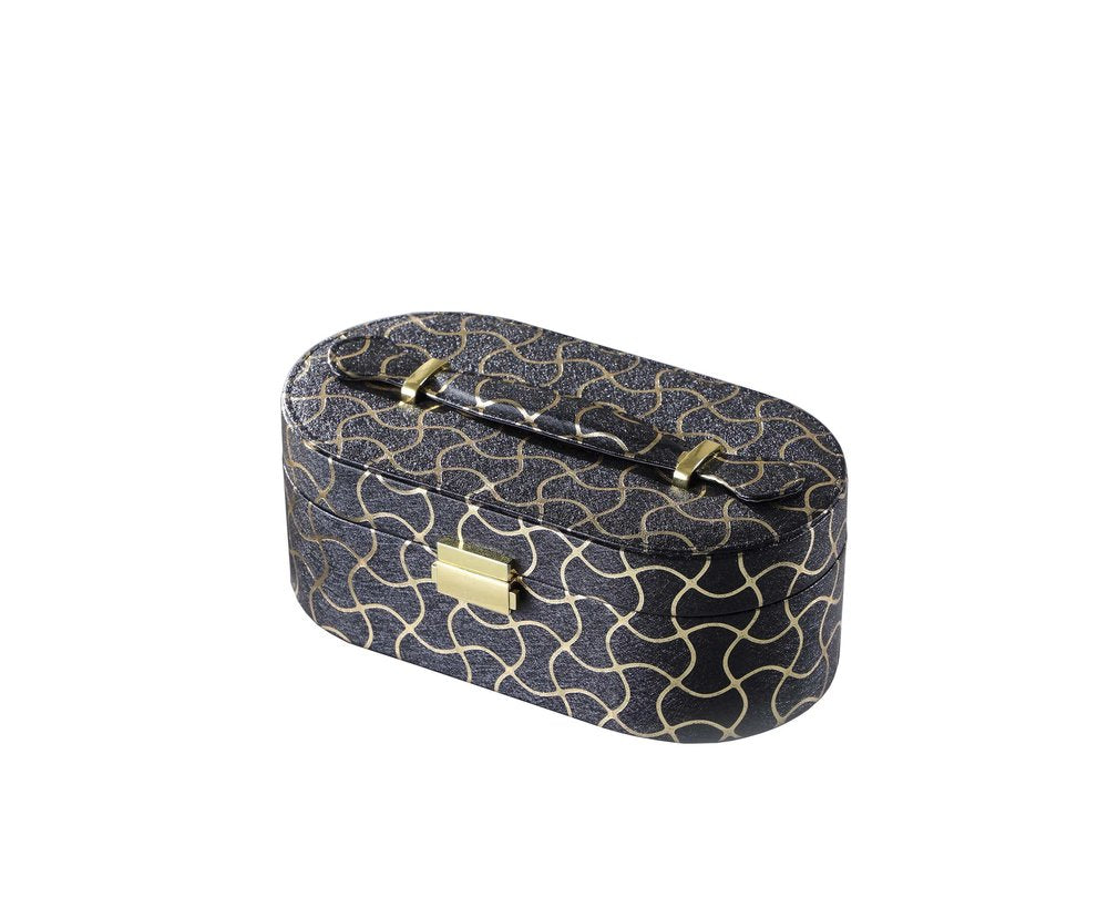 10" Black And Gold Faux Leather Abstract Scroll Jewelry Box Travel Case With Mirror