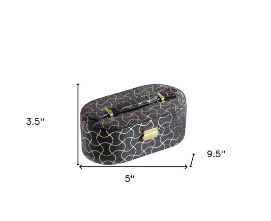 10" Black And Gold Faux Leather Abstract Scroll Jewelry Box Travel Case With Mirror