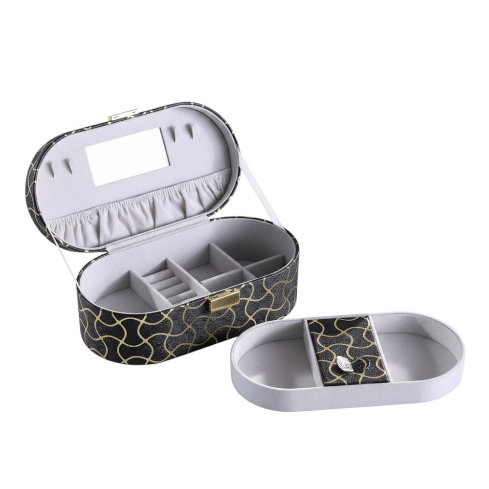 10" Black And Gold Faux Leather Abstract Scroll Jewelry Box Travel Case With Mirror