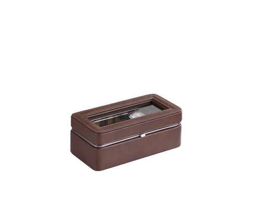 8" Brown Clear And Silver Faux Leather And Glass Six Section Watch Box With Metal Accents