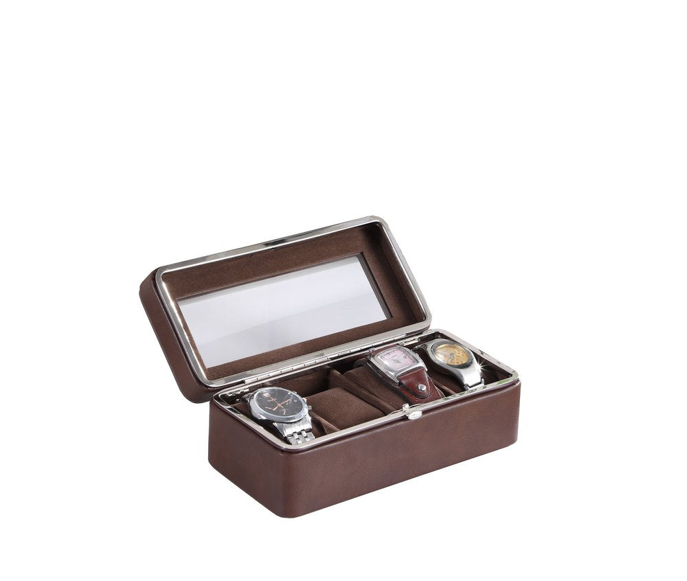 8" Brown Clear And Silver Faux Leather And Glass Six Section Watch Box With Metal Accents