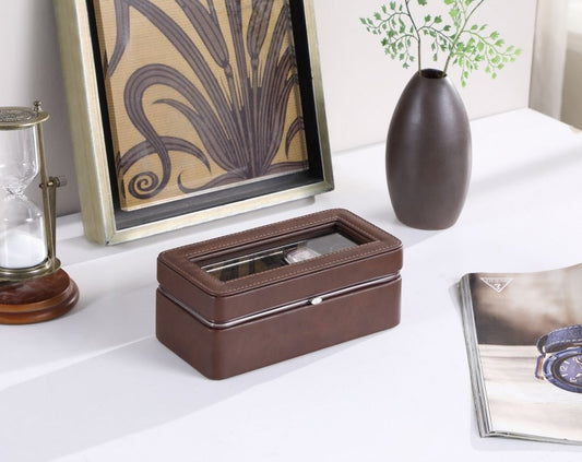 8" Brown Clear And Silver Faux Leather And Glass Six Section Watch Box With Metal Accents