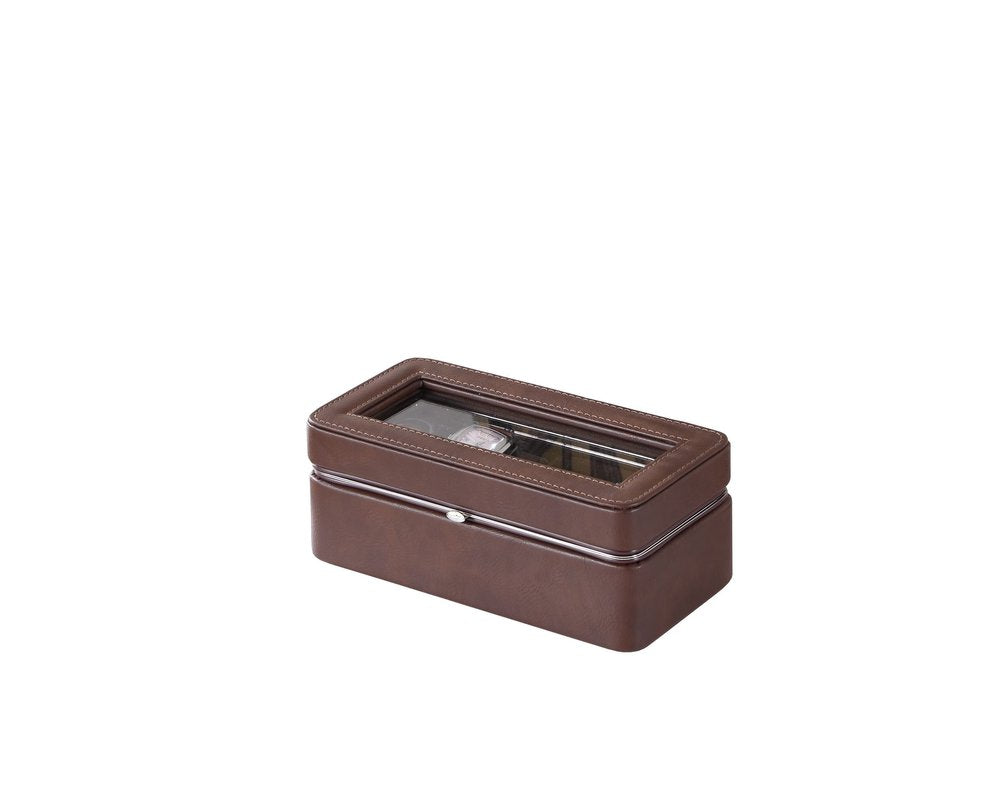 8" Brown Clear And Silver Faux Leather And Glass Six Section Watch Box With Metal Accents