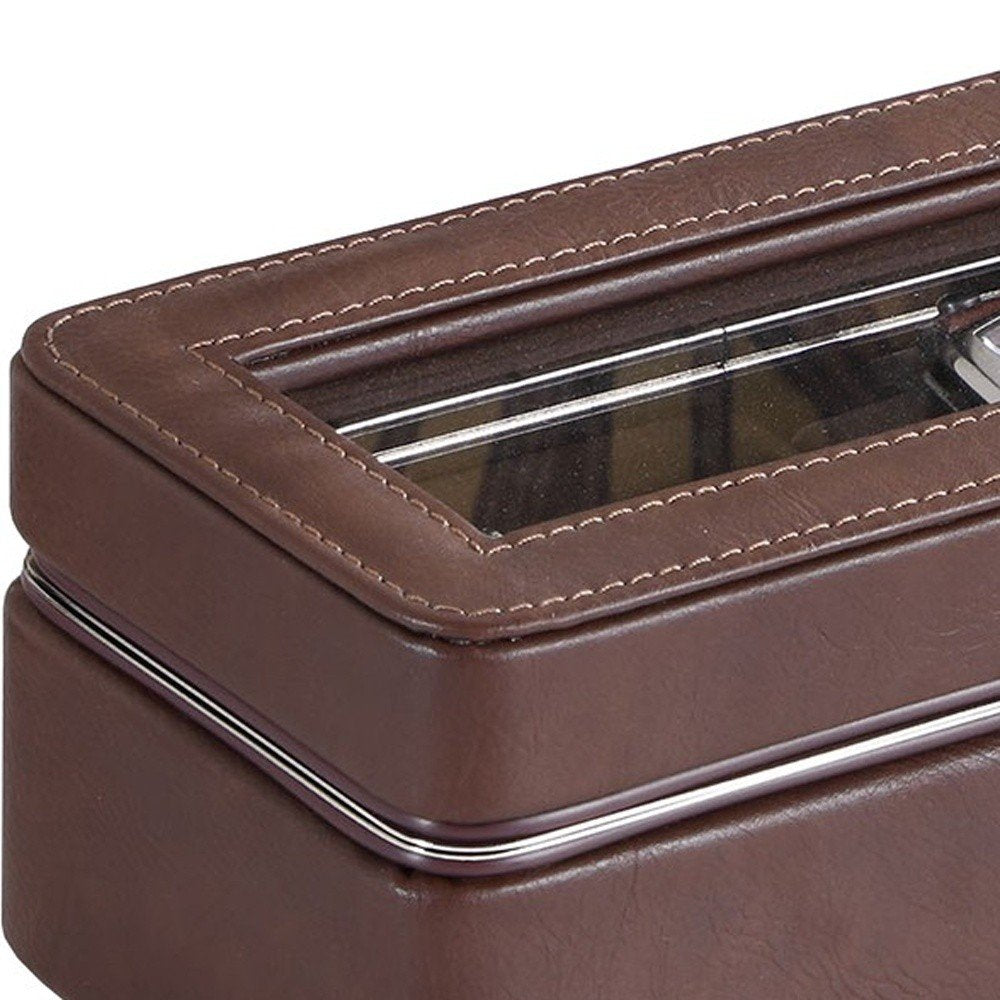 8" Brown Clear And Silver Faux Leather And Glass Six Section Watch Box With Metal Accents