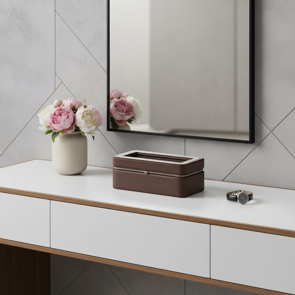 8" Brown Clear And Silver Faux Leather And Glass Six Section Watch Box With Metal Accents