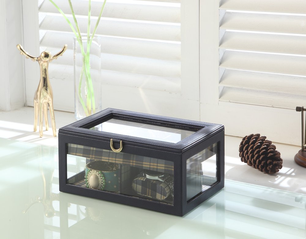 10" Blue And Clear Faux Leather And Glass Nine Section Checkered Watch Box With Metal Accents