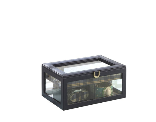10" Blue And Clear Faux Leather And Glass Nine Section Checkered Watch Box With Metal Accents