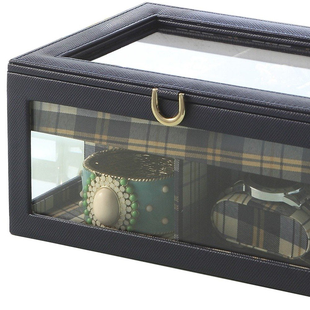 10" Blue And Clear Faux Leather And Glass Nine Section Checkered Watch Box With Metal Accents
