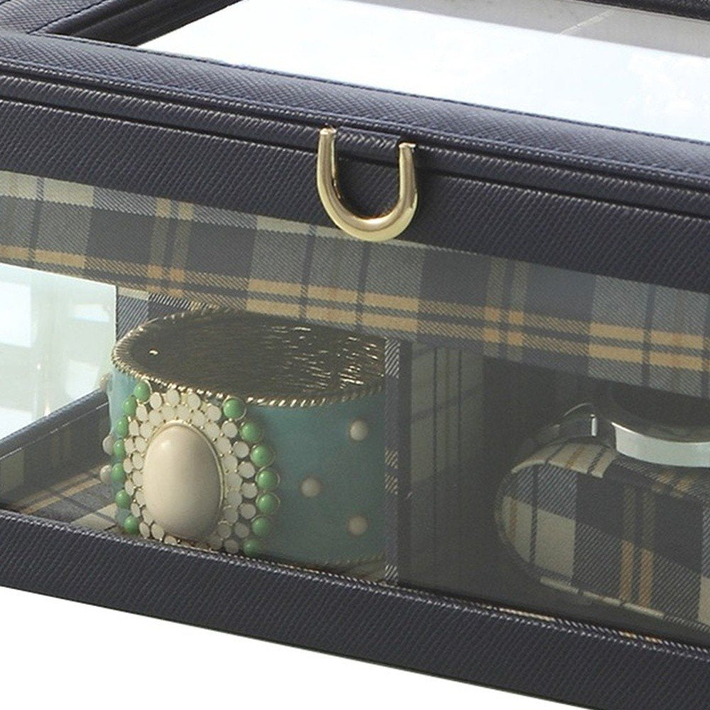 10" Blue And Clear Faux Leather And Glass Nine Section Checkered Watch Box With Metal Accents