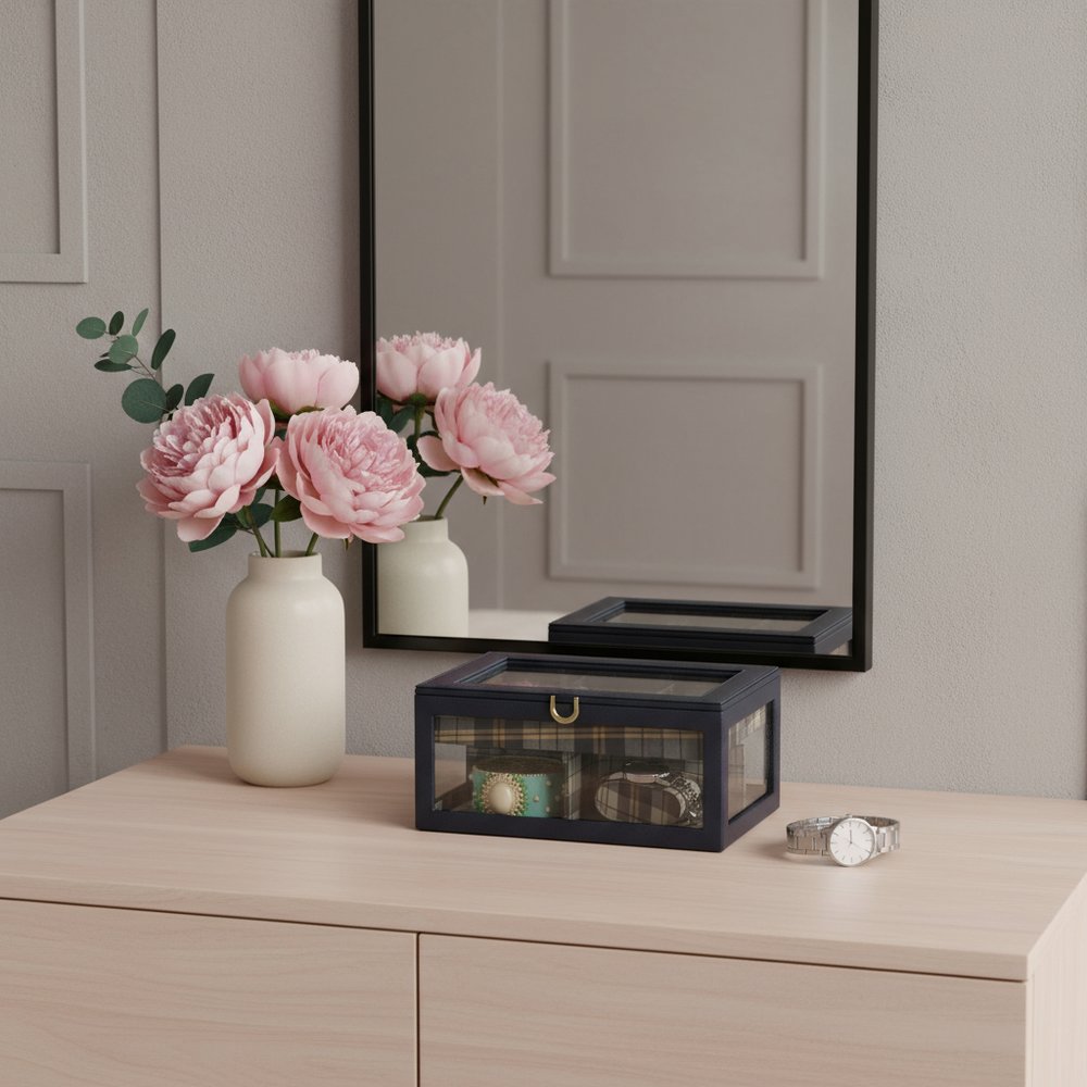 10" Blue And Clear Faux Leather And Glass Nine Section Checkered Watch Box With Metal Accents