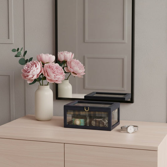 10" Blue And Clear Faux Leather And Glass Nine Section Checkered Watch Box With Metal Accents