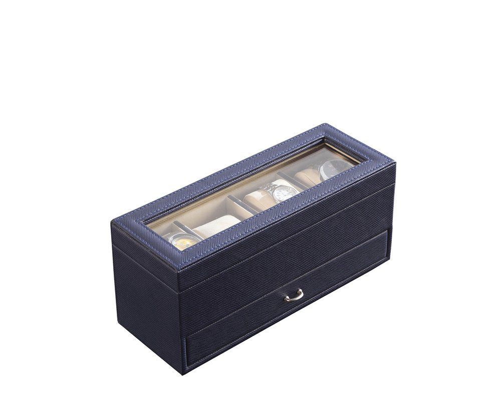 9" Blue And Clear Faux Leather And Glass Four Section Watch Box With Metal Accents