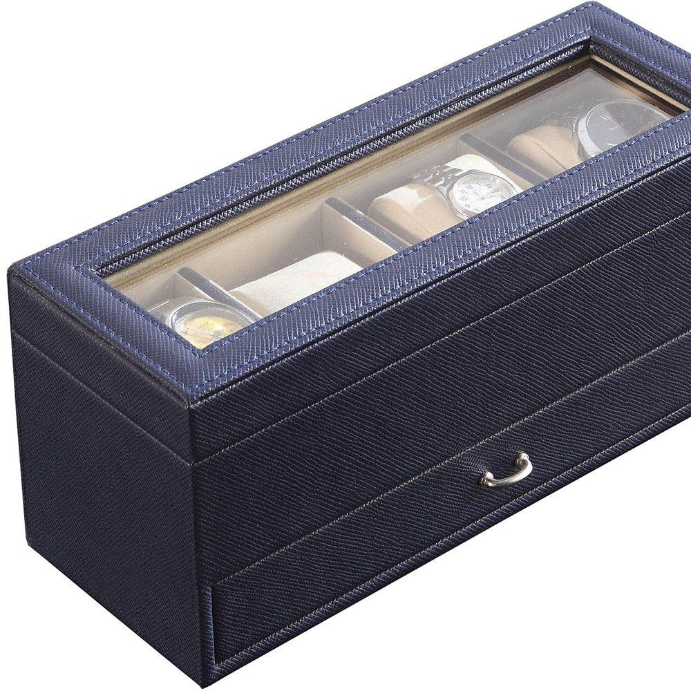 9" Blue And Clear Faux Leather And Glass Four Section Watch Box With Metal Accents