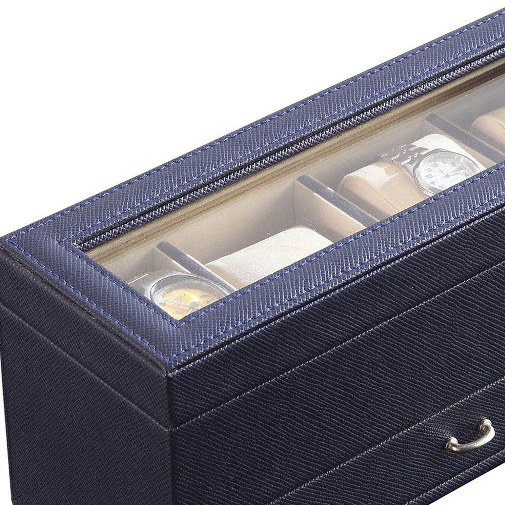 9" Blue And Clear Faux Leather And Glass Four Section Watch Box With Metal Accents